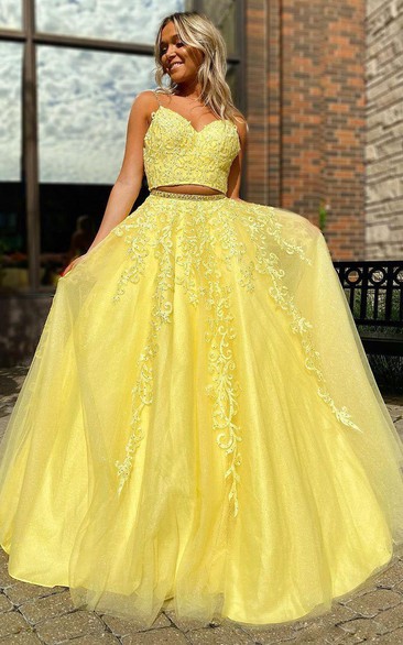 Two Piece Sleeveless Tulle Simple Open Back Zipper Prom Dress with Beading
