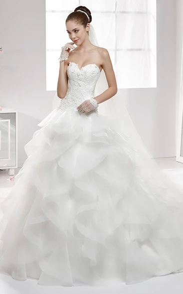Sweetheart A-Line Wedding Gown With Cascading Ruffles and Lace Appliqued Corset