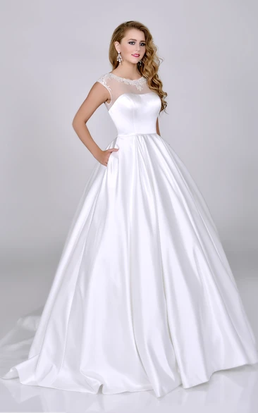 Satin Cap Sleeve A-Line Wedding Dress With Low-V Back And Pockets