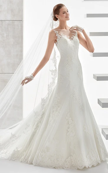Jewel-neck Cap-sleeve Wedding Dress with Appliques and Illusive Design