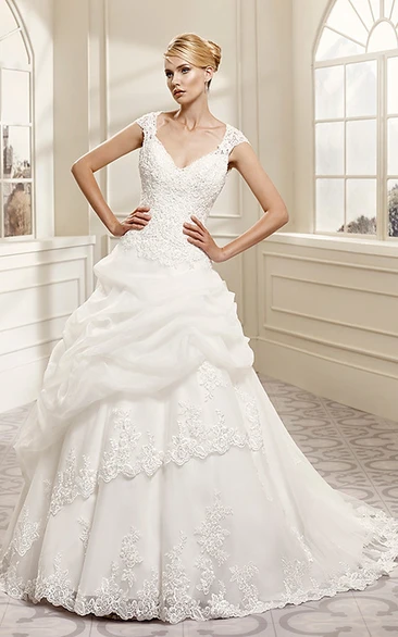 Ball Gown V-Neck Cap-Sleeve Organza&Lace Wedding Dress With Illusion