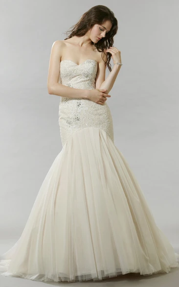 Trumpet Sweetheart Maxi Tulle Wedding Dress With Beading And V Back