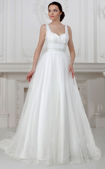 A-Line Floor-Length Ruched Sleeveless Strapped Tulle&Satin Wedding Dress With Beading