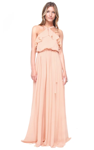 A-Line Pleated High Neck Sleeveless Chiffon Bridesmaid Dress With Straps