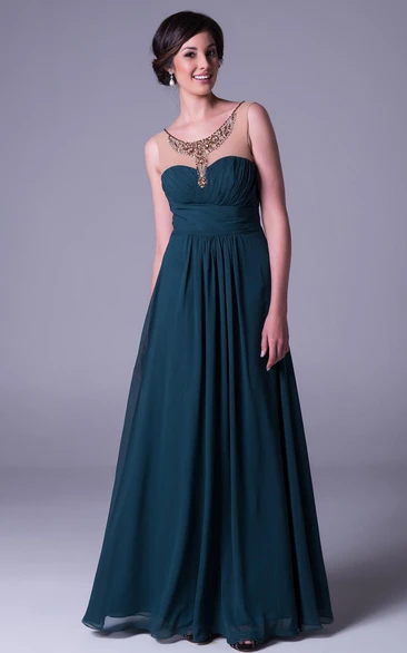 A-Line Scoop-Neck Long Ruched Sleeveless Chiffon Prom Dress With Beading