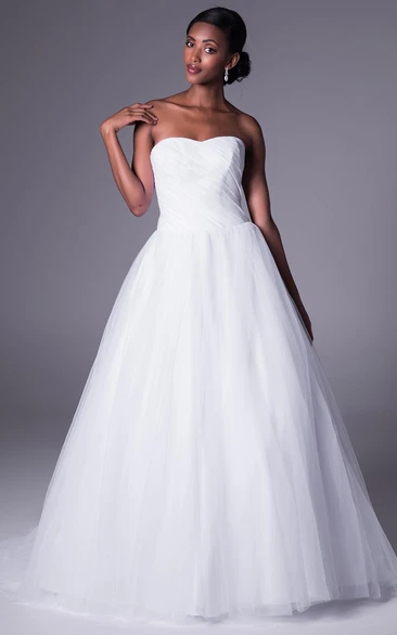 Ball Gown Strapless Tulle Wedding Dress With Ruching And Sweep Train