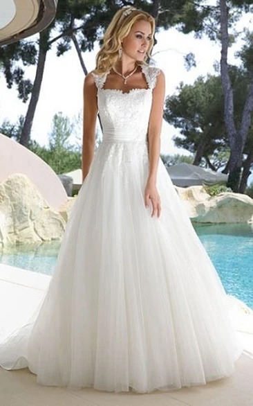 A-Line Queen Anne Tulle Wedding Dress With Illusion