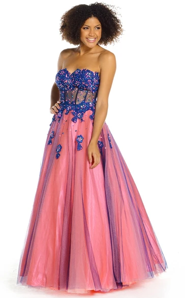 A-Line Sweetheart Sleeveless Crystal Floor-Length Satin Prom Dress With Corset Back