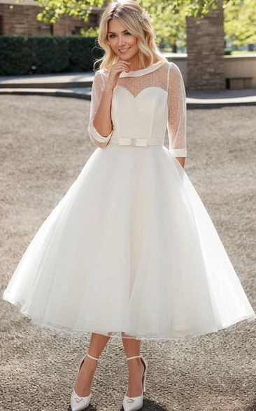 A-Line Tea-Length Bateau Neck Illusion Sleeve Bowed Tulle Wedding Dress