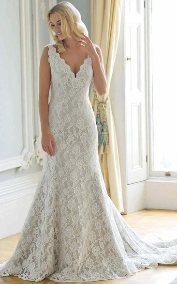 A-Line Sleeveless Appliqued Floor-Length V-Neck Lace Wedding Dress