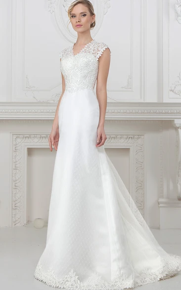 Sheath Long V-Neck Cap-Sleeve Appliqued Lace&Satin Wedding Dress