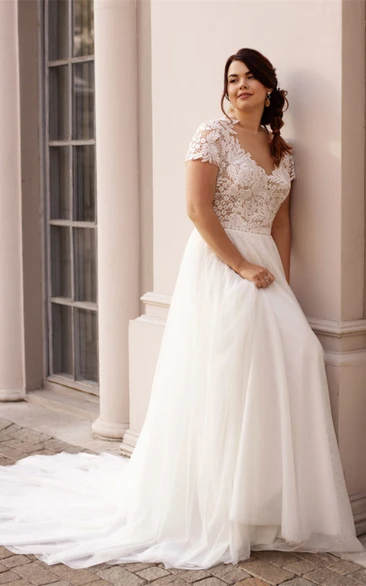 Romantic A Line Lace Bateau Court Train Wedding Dress with Ruching