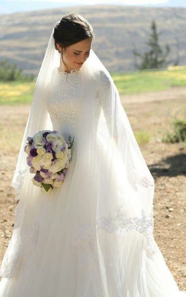 A Line High Neck Lace Tulle Zipper Wedding Dress