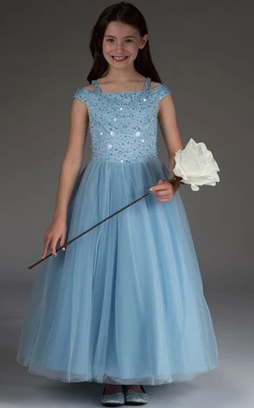 Flower Girl Off Shoulder Tulle Ball Gown With Crystal Bodice And Straps