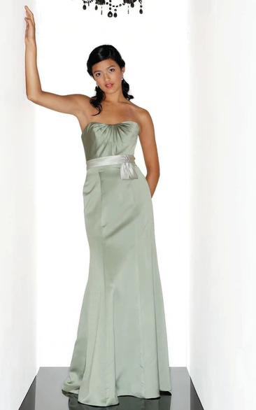 Strapless Floor-Length Ruched Taffeta Bridesmaid Dress With Ribbon