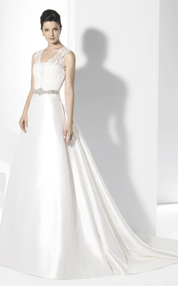A-Line Long Jeweled Sleeveless V-Neck Satin Wedding Dress