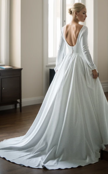 Simple Elegant Long Sleeve A-Line Wedding Dress Bateau Satin Party Evening Ball Gown with Train