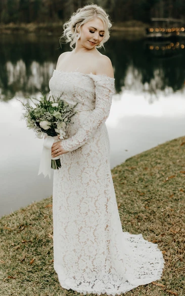 Simple Sheath Off-the-shoulder Lace Wedding Dress With Long Sleeve And Open Back