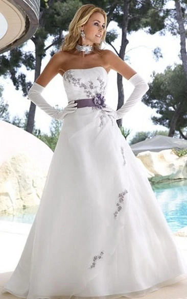 A-Line Sleeveless Strapless Long Floral Satin Wedding Dress With Appliques And Draping