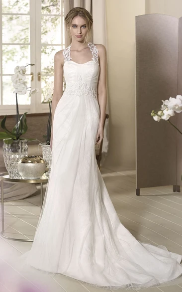 Sheath Long Sleeveless Appliqued Haltered Tulle Wedding Dress With Ruching