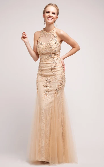 Sheath Long Jewel-Neck Sleeveless Lace Tulle Dress With Sequins And Appliques