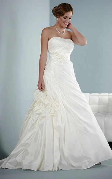 A-Line Pick-Up Sleeveless Floor-Length Strapless Satin Wedding Dress With Low-V Back And Ruffles
