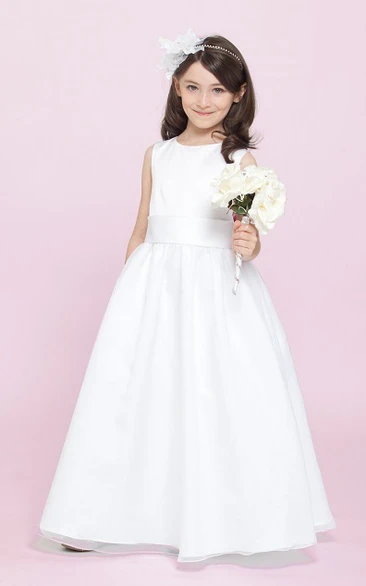 Flower Girl Scoop Neck A-line Tulle Long Dress With Sash