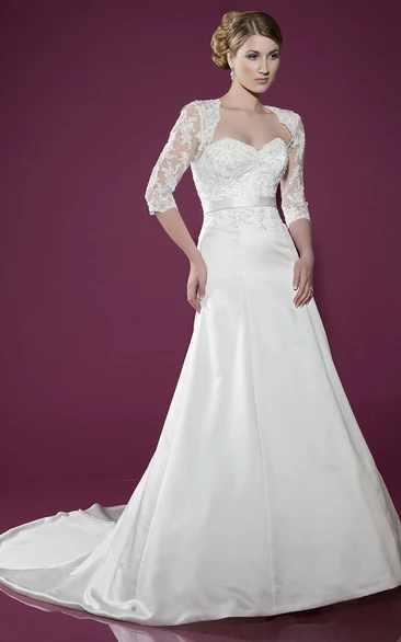 Long Sweetheart Pleated Appliqued Satin&Lace Wedding Dress