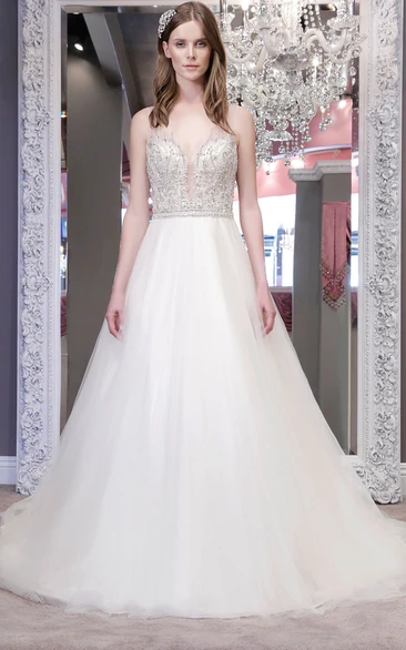 A-Line Sleeveless Jewel-Neck Tulle Wedding Dress With Crystal Detailing And Illusion