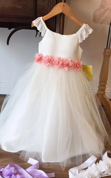 Floral Tea-Length Tiered Chiffon&Tulle Flower Girl Dress