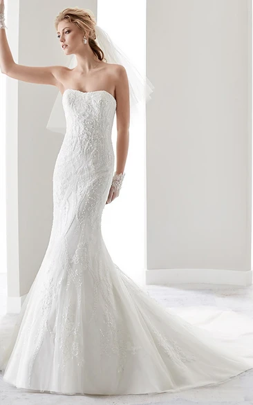 Strapless Sheath Lace Bridal Gown With Court Train And Half Back