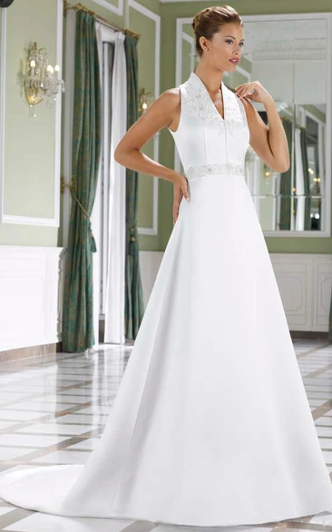 A-Line V-Neck Sleeveless Appliqued Floor-Length Satin Wedding Dress With Waist Jewellery