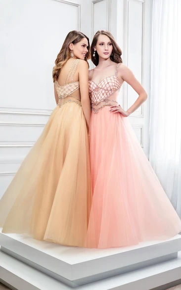A-Line Beaded Strapped Sleeveless Tulle Prom Dress With Low-V Back