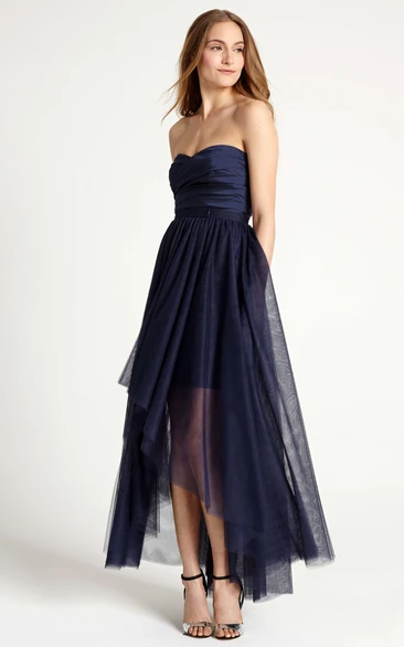 High-Low Ruched Strapless Tulle Bridesmaid Dress