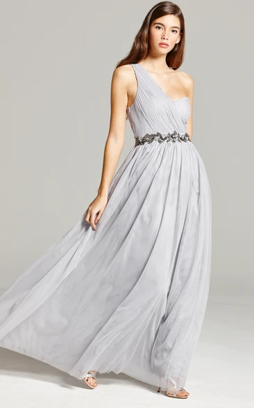 Jeweled One-Shoulder Sleeveless Chiffon Bridesmaid Dress With Straps