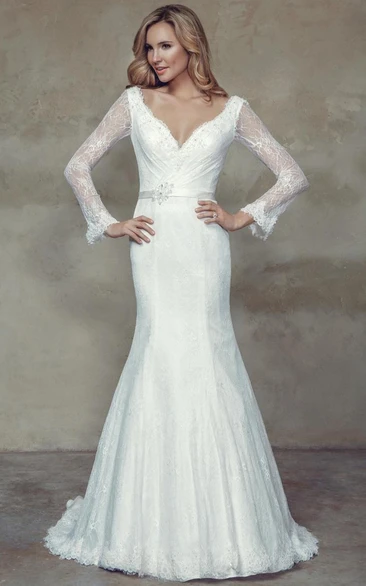 Trumpet Long-Sleeve Maxi V-Neck Lace Wedding Dress With Waist Jewellery And V Back