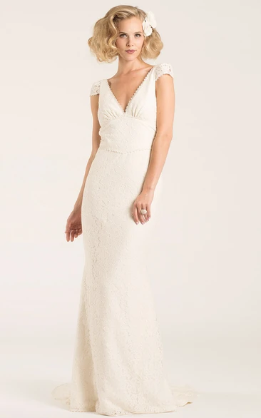 V-Neck Long Cap-Sleeve Lace Wedding Dress With Sweep Train And Backless