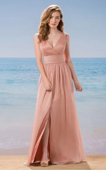 V-Neck Sleeveless A-Line Bridesmaid Dress With Front Slit And Beadings