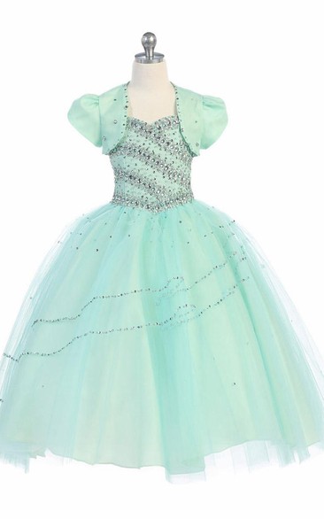 Bolero Tiered Beaded Tulle&Lace Flower Girl Dress