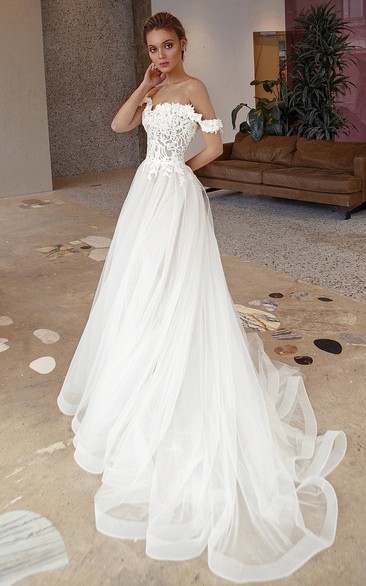 Sexy A Line Lace Off-the-shoulder Chapel Train Wedding Dress with Appliques