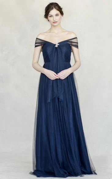 A-Line Off-The-Shoulder Broach Floor-Length Tulle Bridesmaid Dress With Pleats