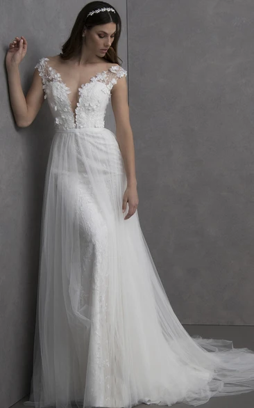 Casual A Line Floor-length Short Sleeve Lace Wedding Dress with Appliques