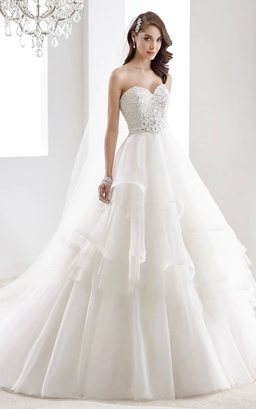 Sweetheart A-line Ruching Wedding Gown with Sequins in Bodice and Tiers Peplum