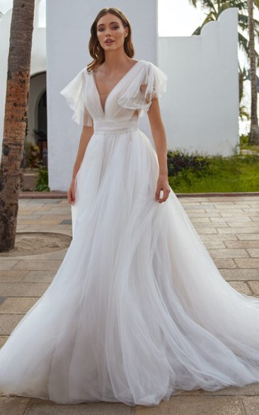 Simple A-Line V-neck Tulle Wedding Dress With Short Sleeve And Open Back