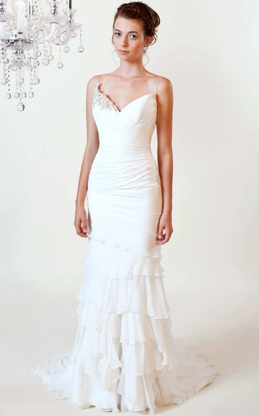 Sheath Spaghetti Sleeveless Floor-Length Beaded Chiffon Wedding Dress With Low-V Back And Tiers