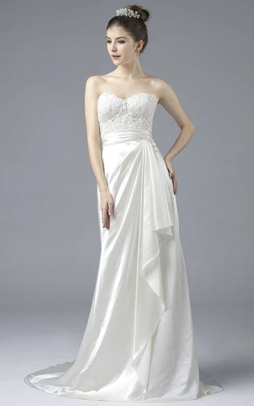 Elegant Satin Sweetheart Open Back Gown With Draping And Lace Appliques And Buttons