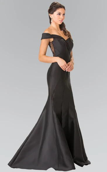 Trumpet Floor-Length Off-The-Shoulder Satin Illusion Dress With Lace