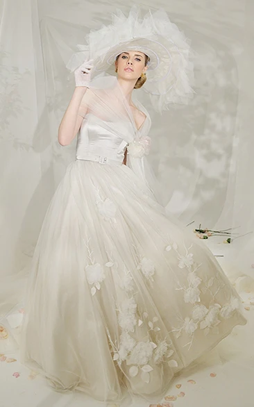 Long Floral Tulle Wedding Dress With Sweep Train And V Back