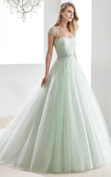 Beaded A-Line Bridal Gown With Pleated Bodice And Illusive Design