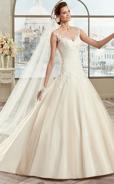 Classic Cap sleeve A-line Wedding Gown with Illusive Design and Brush Train 
